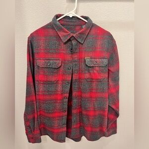 Orvis Red and Gray Plaid Button Up Fleece Jacket